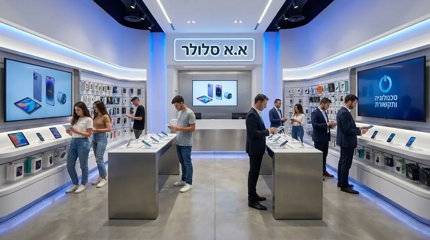 חנות סלולר מודרנית עם תצוגת מכשירים חדישים
